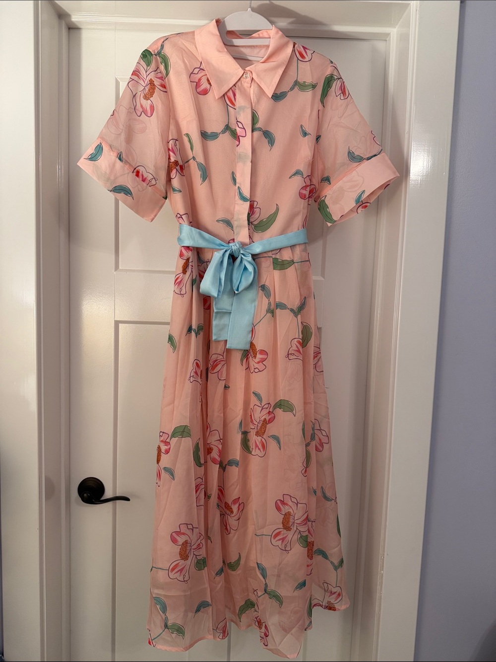 Women's Pink Floral Shirt Dress with Blue Sash